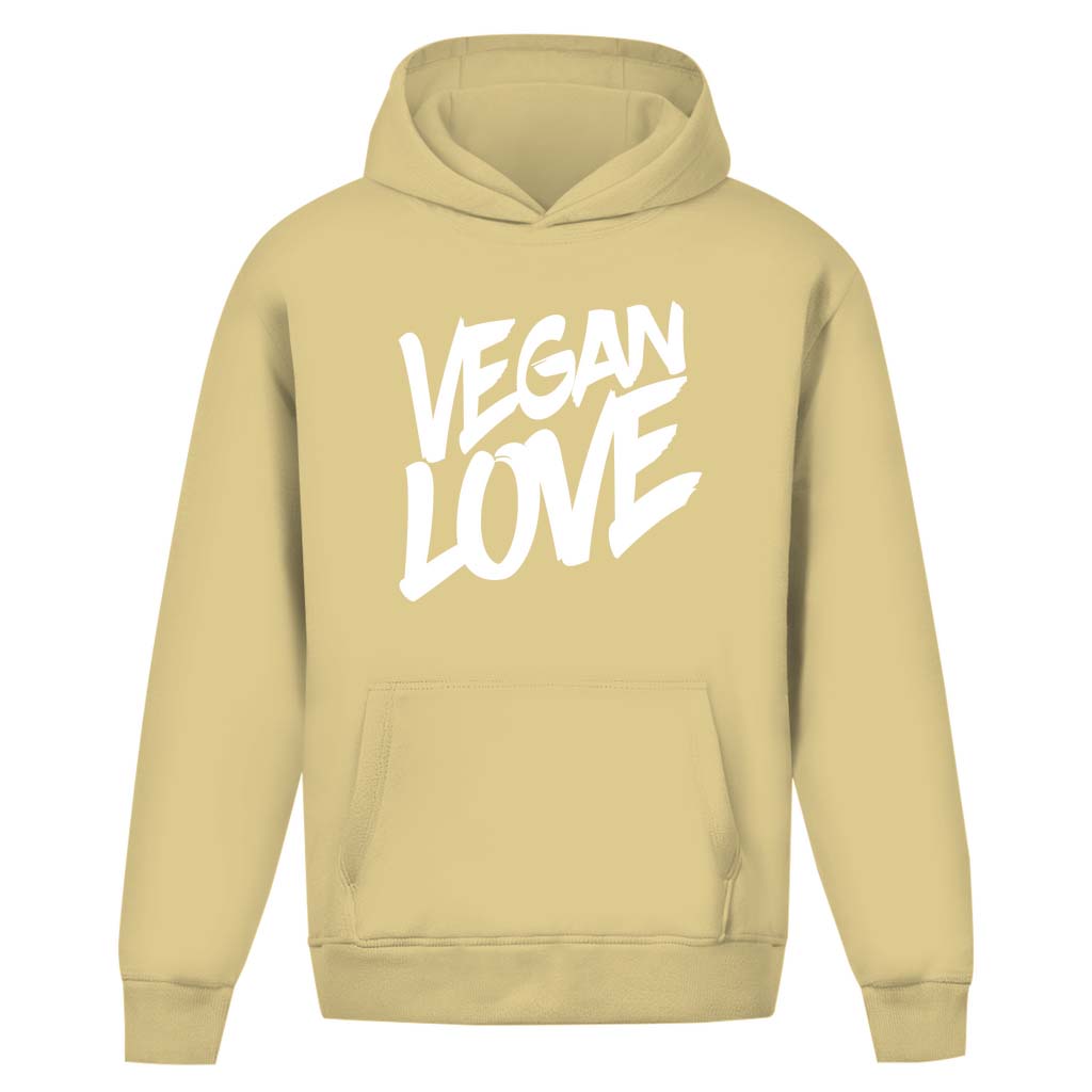 Oversized Hoodie in Sand Farbe, Vorderaufdruck Text Vegan Love