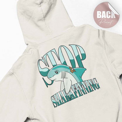 Damen-Premium-Hoodie in Grau mit „Stop Sharkfinning“ Motiv und einem traurigen Hai mit Pflaster an der Flosse.