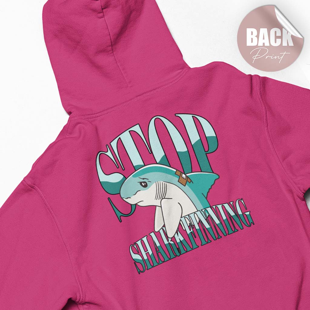 Pinkfarbener Damen-Hoodie mit dem Motiv „Stop Sharkfinning“ und einem verletzten Hai.