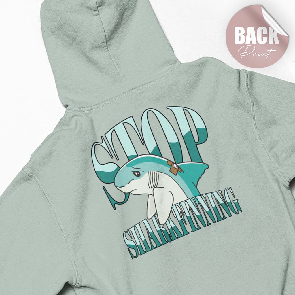 Aqua-grüner Damen-Hoodie mit dem Statement „Stop Sharkfinning“ und einem verletzten Hai.