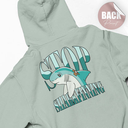 Aqua-grüner Damen-Hoodie mit dem Statement „Stop Sharkfinning“ und einem verletzten Hai.