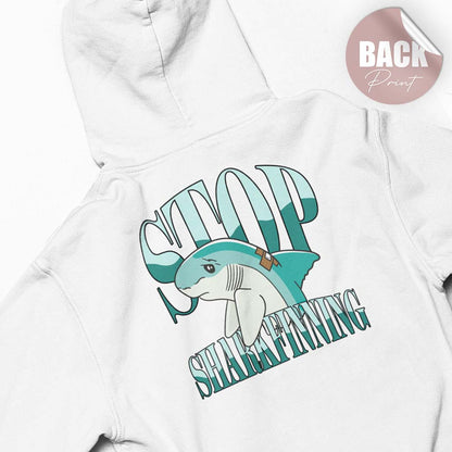 Damen-Premium-Hoodie in weiß mit „Stop Sharkfinning“ Motiv und einem traurigen Hai mit Pflaster.